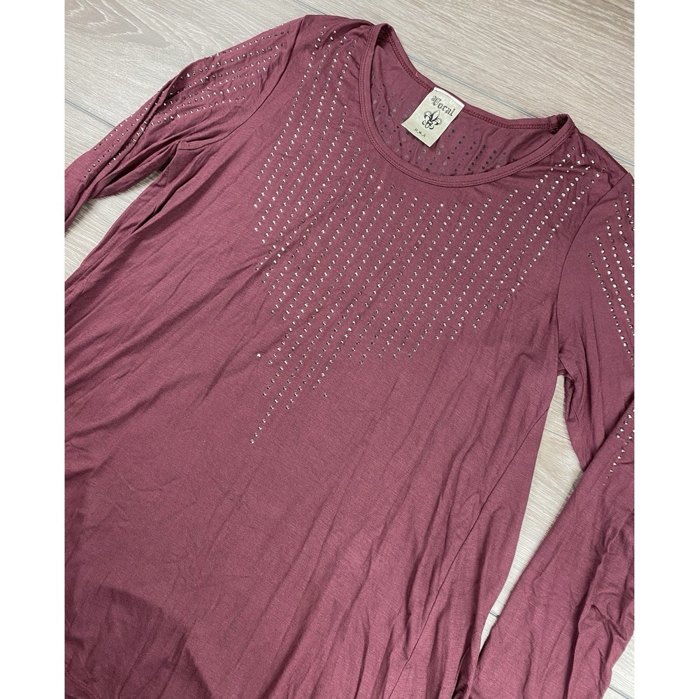 Vocal Women's Long‎ Sleeve Studded Detail Hi Low Hem Top Maroon Size XL